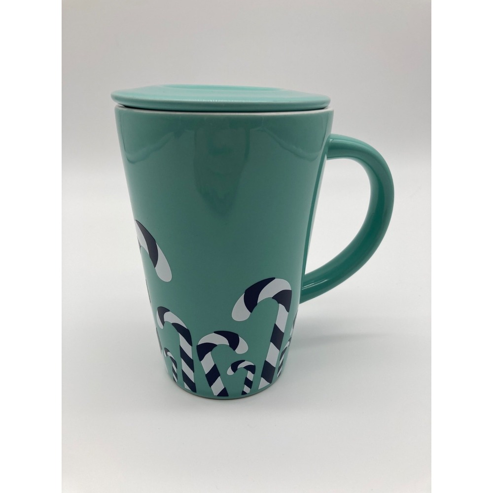 DAVIDsTEA Color Changing Teal Candy Cane Ceramic Mug Lid Holiday Christmas 12oz